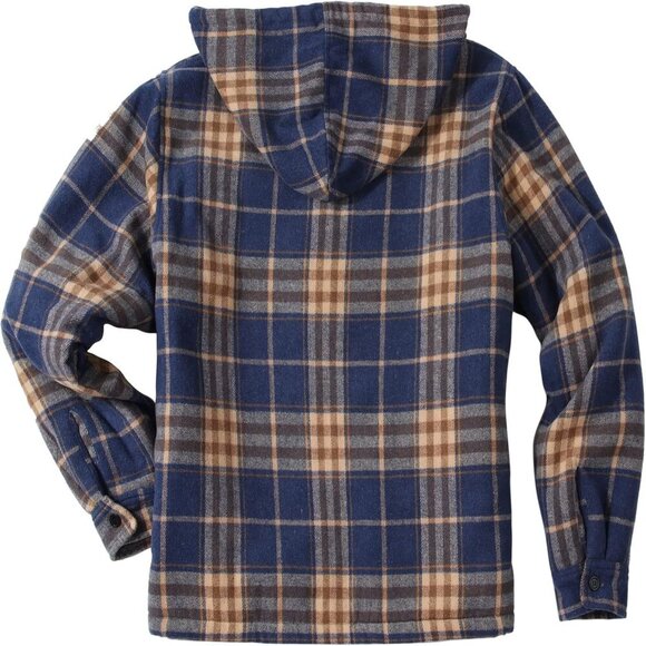 Men's Blue Orange Fleece Sherpa Lined Plaid Jackets Full Zip Up Hoodie Outwear - Picture 2 of 6